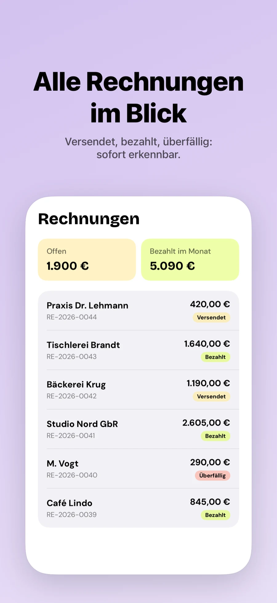 Rechnungsliste in Billetti mit versendeten, bezahlten und überfälligen Rechnungen