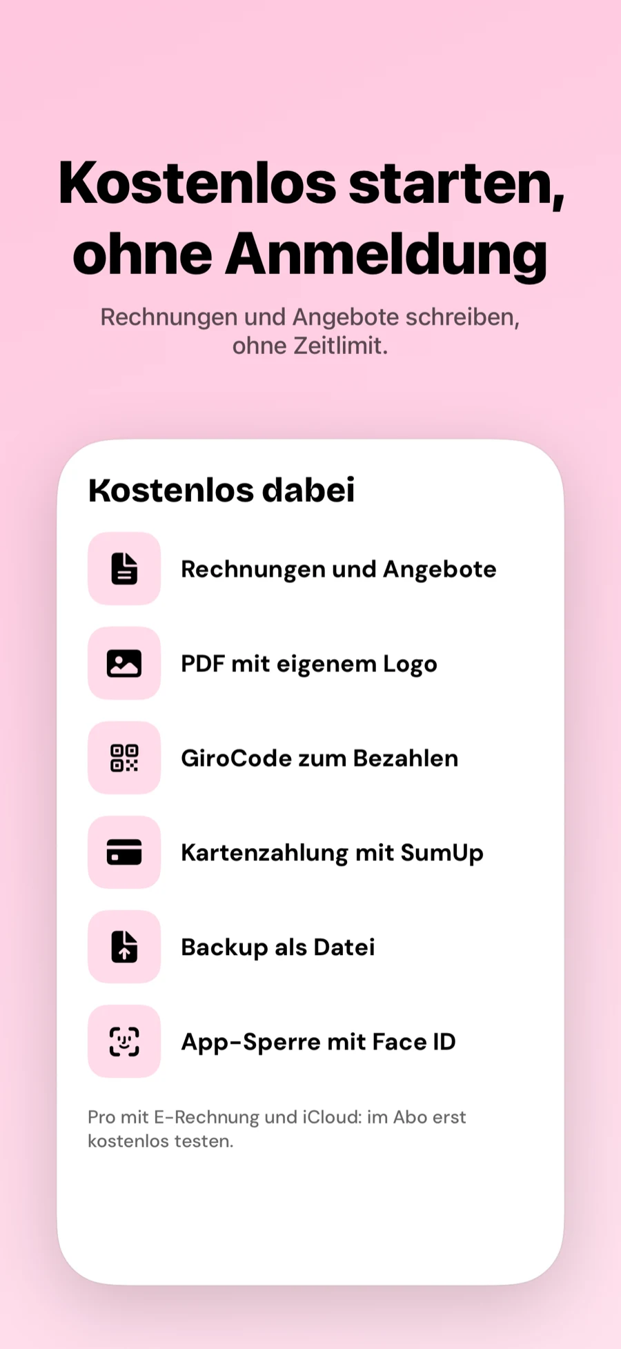 Kostenlos in Billetti: Rechnungen, Angebote, eigenes Logo, GiroCode, Kartenzahlung, Backup und App-Sperre