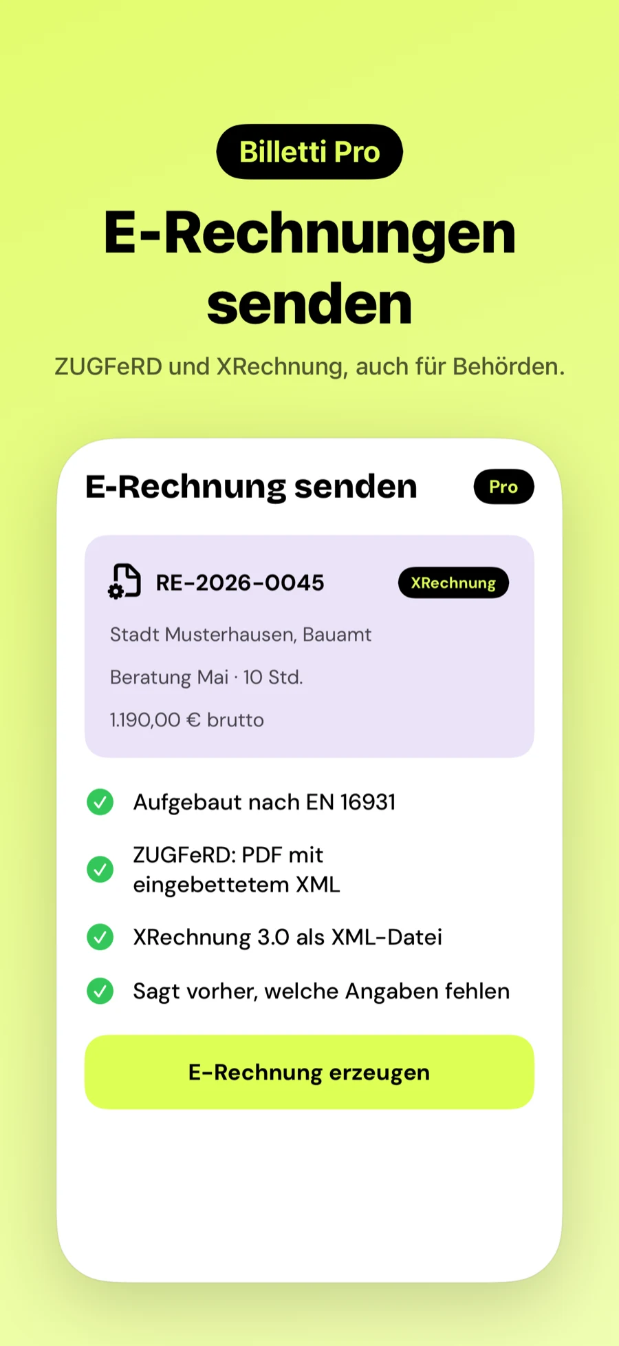 E-Rechnung senden als ZUGFeRD oder XRechnung, mit Billetti Pro