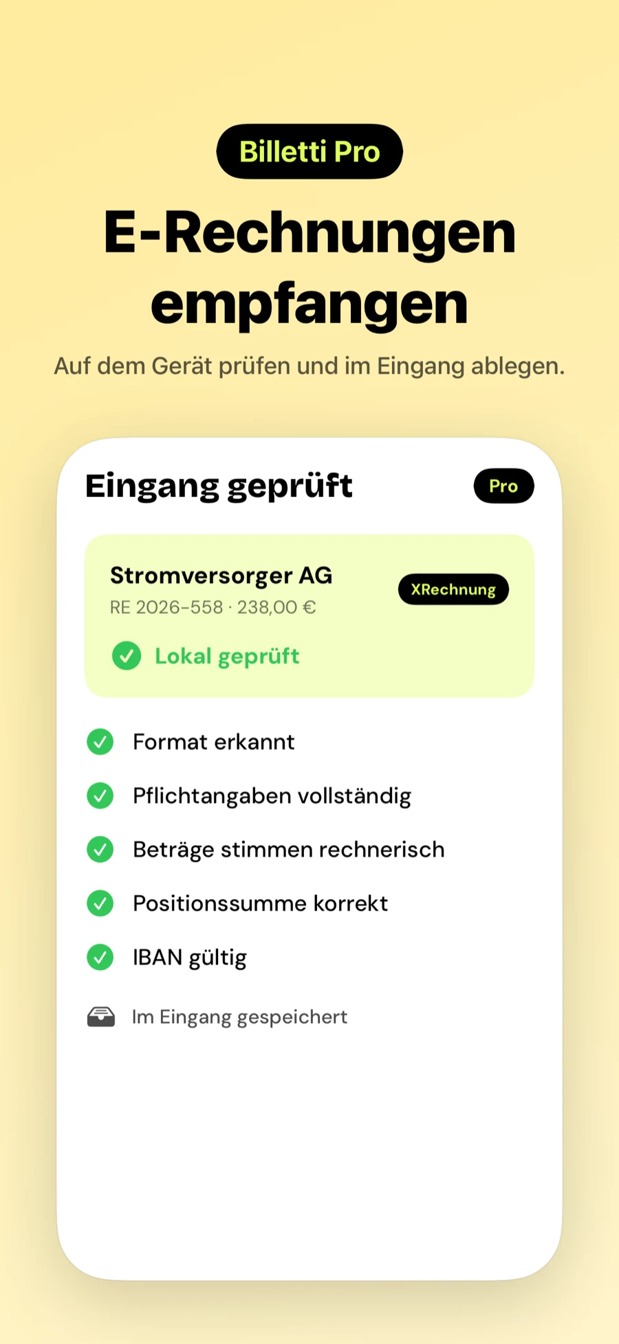 Empfangene E-Rechnung, auf dem Gerät geprüft, mit Billetti Pro