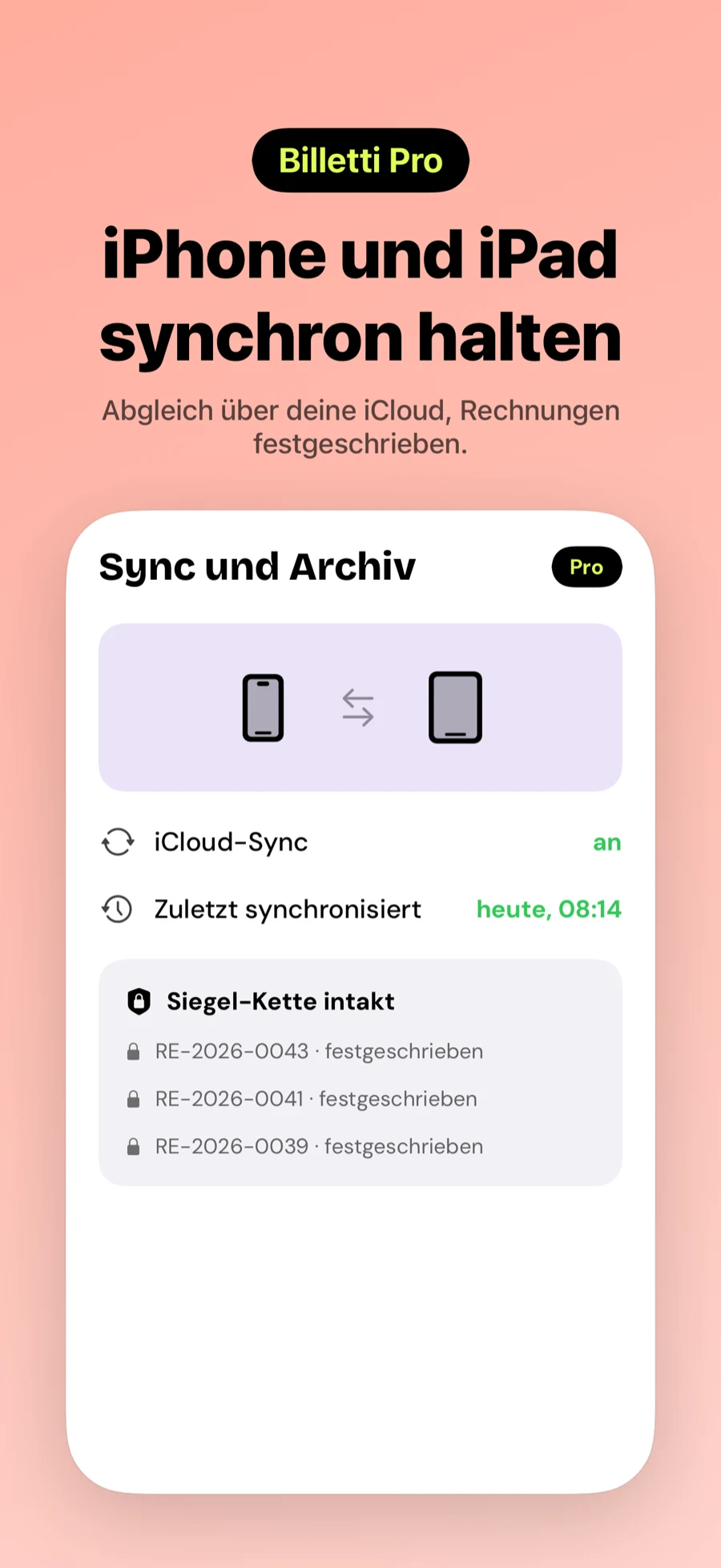 iCloud-Sync zwischen iPhone und iPad und festgeschriebene Rechnungen, mit Billetti Pro