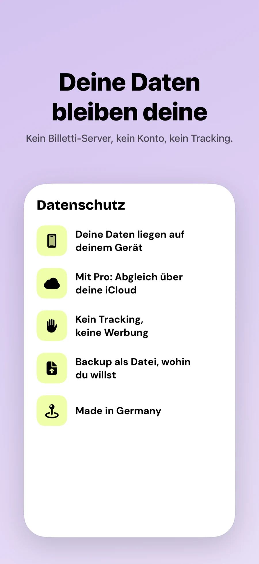 Datenschutz in Billetti: Daten auf dem Gerät, kein Tracking, keine Werbung